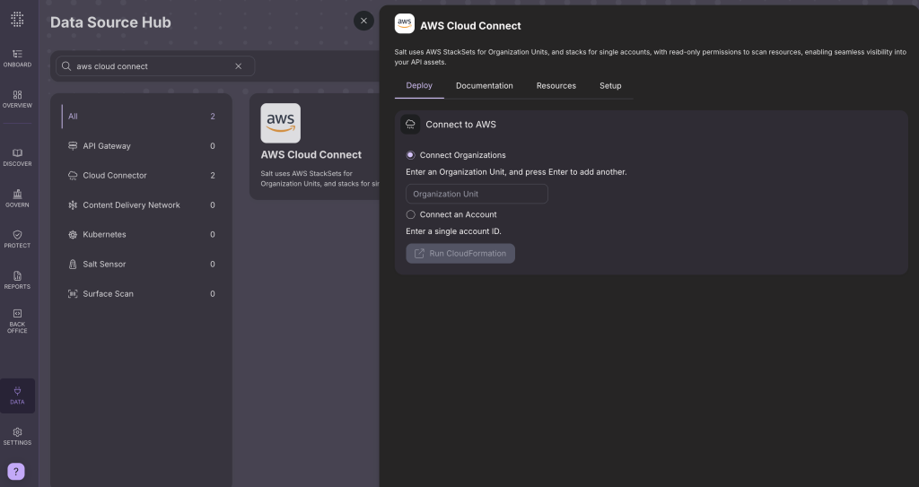 Figure 2: Salt Connector Hub dashboard showing AWS environment integration options