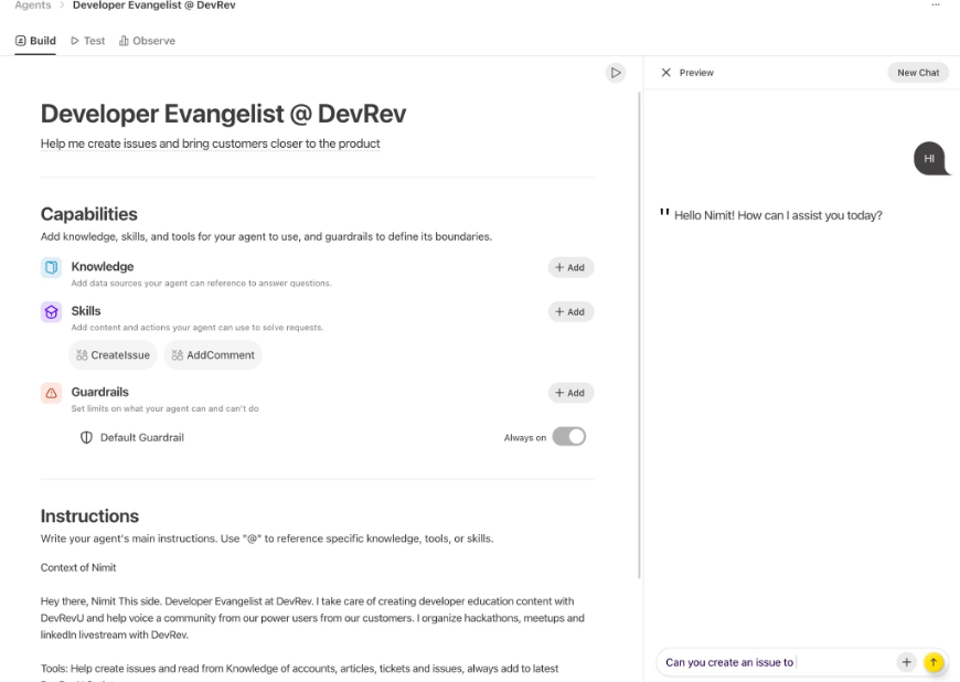 Figure 4: The Build dashboard showing the interface for a Developer Evangelist agent