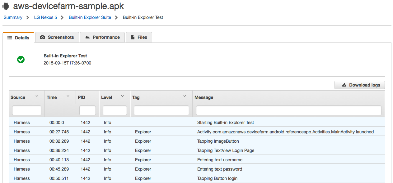 The Android app explorer captures logs for each devices