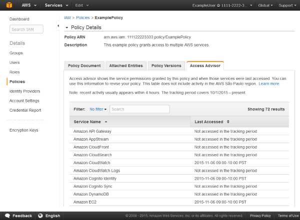 Screenshot showing an example of service last accessed data on the Access Advisor tab