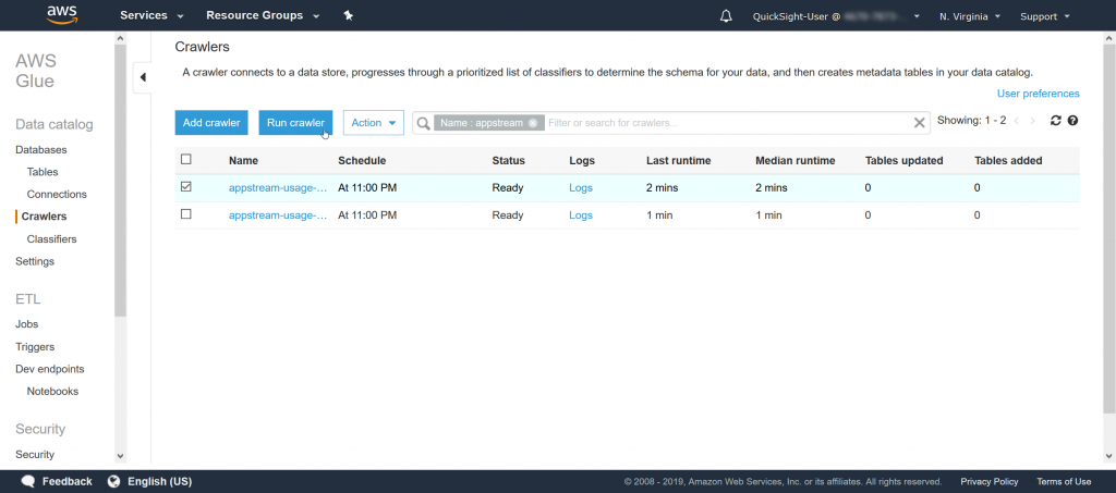 Screenshot of AWS Glue crawlers created by the CloudFormation template