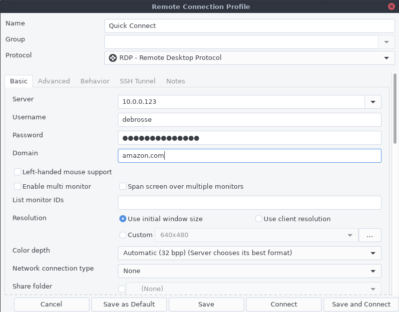 In the Remmina RDP client, the user is prompted to enter information to start the connection including target server IP, username, password and domain.