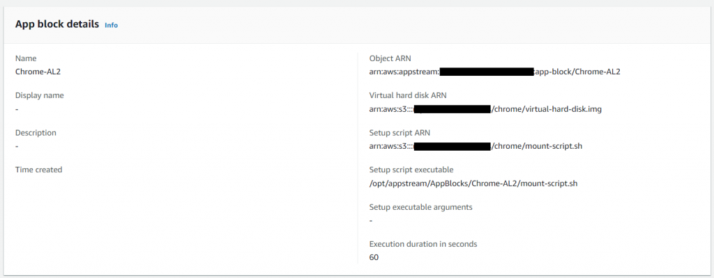 Graphical user interface for app block details. This shows the ARNs for the object, virtual hard disk, and setup script, as well as the setup script executable.