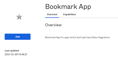 Visual image of the add bookmark app screen in the Okta console.