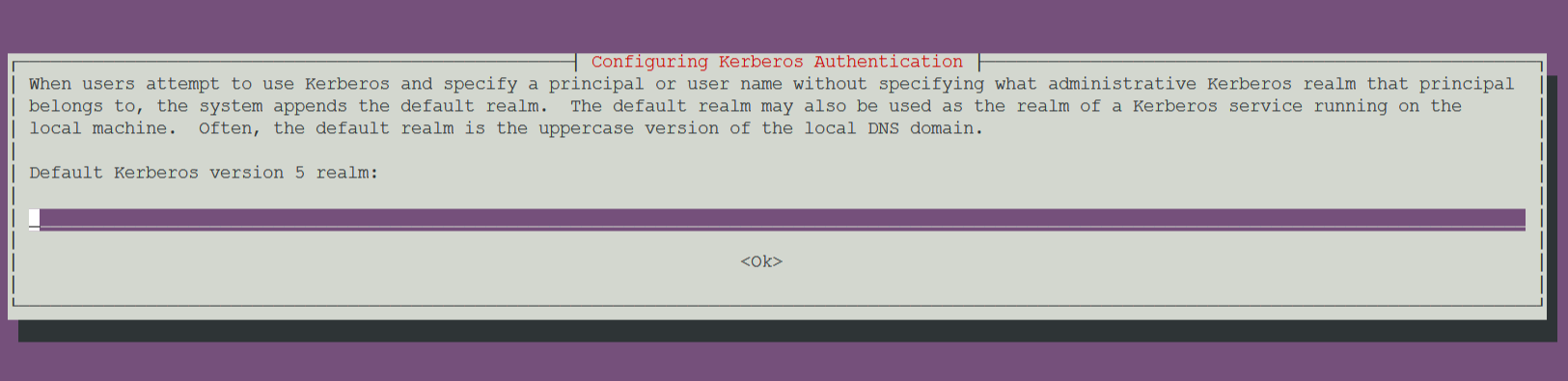 This image depicts the "Configuring Kerberos Authentication" popup. This should be bypassed without entering anything, by pressing "enter".