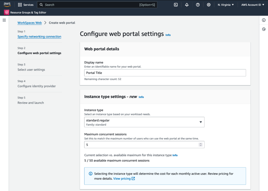 Screenshot of WorkSpaces Web console selecting instance type