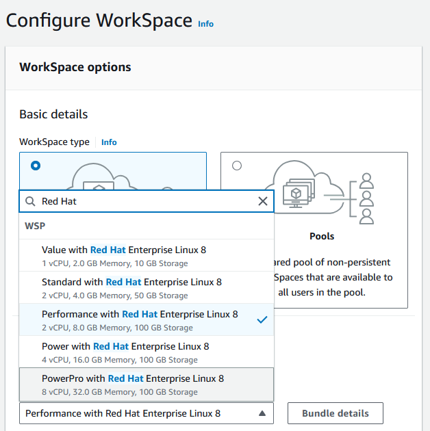 Red Hat Enterprise Linux WorkSpaces bundle selection.