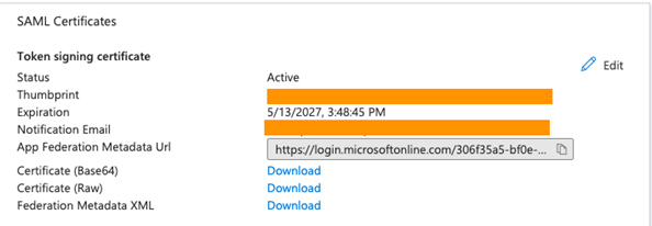 Screenshot of SAML Certificates.