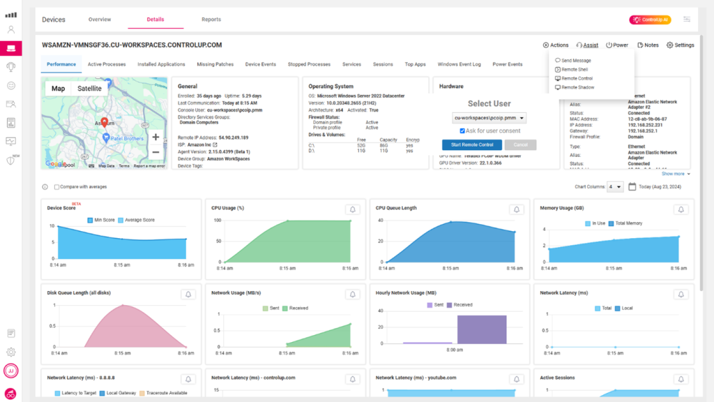 Screenshot of ControlUp device dashboard showing the information and metrics of the selected WorkSpace