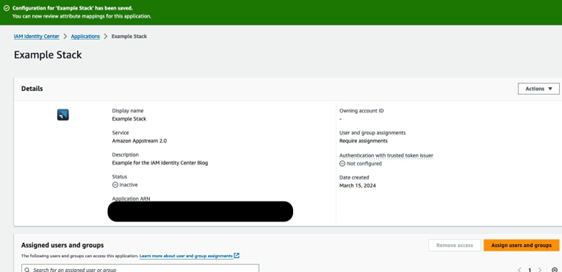 Screenshot of the Example Stack in IAM Identity Center.