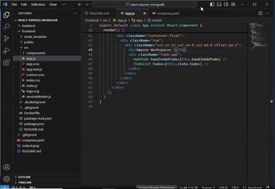 Screenshot of Visual Studio Code. A sample project named "React-Express-MongoDB" is open.