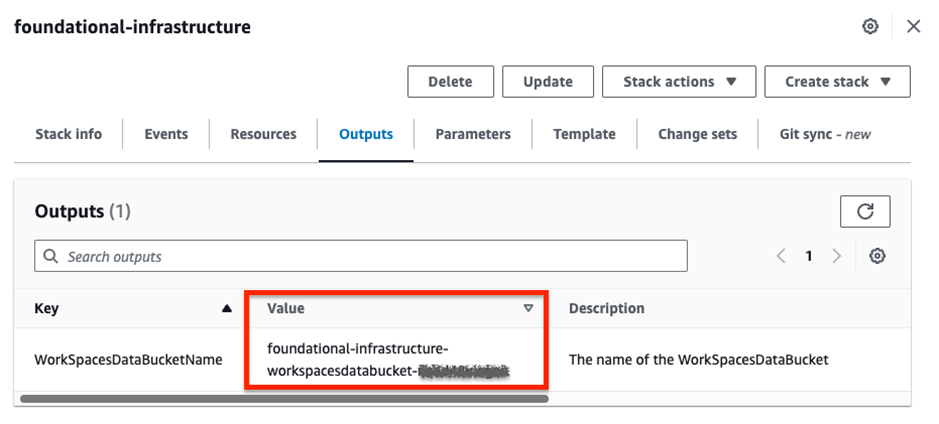 The CloudFormation console shows the foundational-infrastructure stack, with the WorkSpacesDataBucketName key and redacted value.