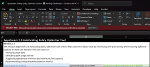 Screenshot of a macro-enabled Excel spreadsheet (.xlsm file) for the AppStream 2.0 AutoScaling Policy Optimizer Tool. A red security risk banner stating "Microsoft has blocked macros from running because the source of this file is untrusted" with a "Learn More" link