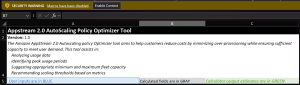 A yellow security warning banner stating "Macros have been disabled" with an "Enable Content" button The interface shows color-coding legend indicating blue for user inputs, gray for calculated fields, and green for calculator outputs.