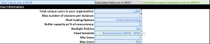 Screenshot of a user information input form in Excel showing configuration settings for a Single Session AppStream 2.0 fleet, as indicated by the "Max number of sessions per instance" set to 1. 