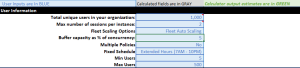 Screenshot of a user information input form in Excel showing configuration settings for a Multi Session AppStream 2.0 fleet, as indicated by the "Max number of sessions per instance" set to 2. 