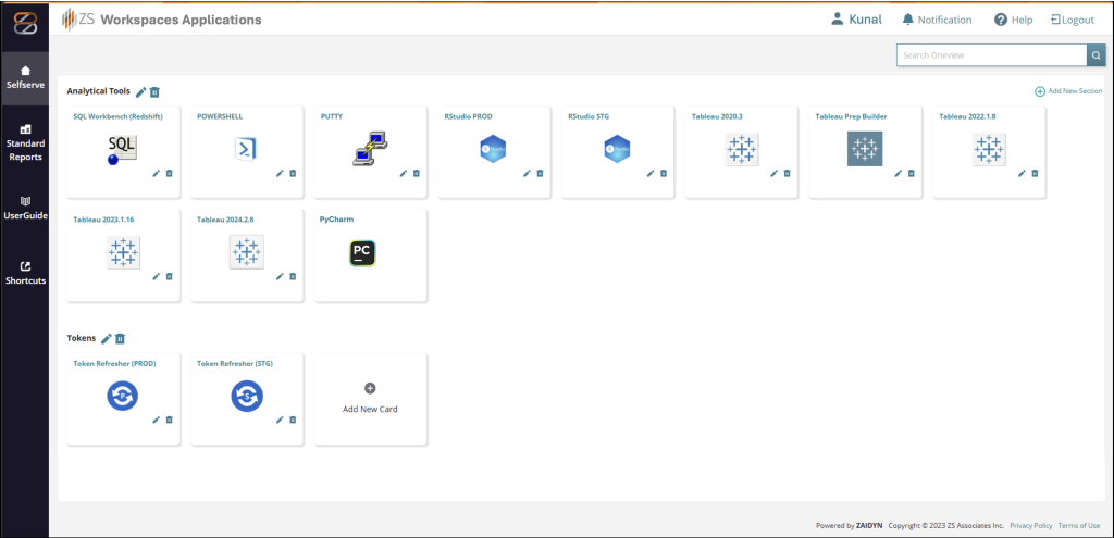 Custom Amazon WorkSpaces applications UI showing application tiles available for users to select after successful login.
