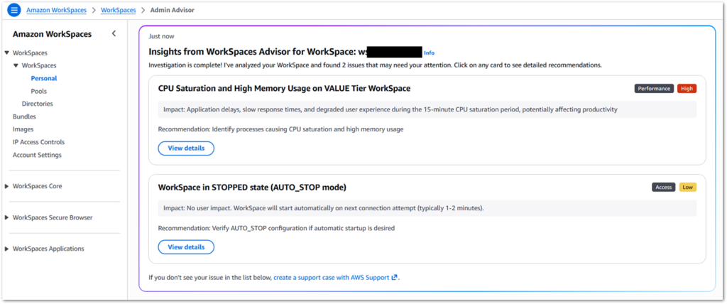 List of insights from WorkSpaces Advisor