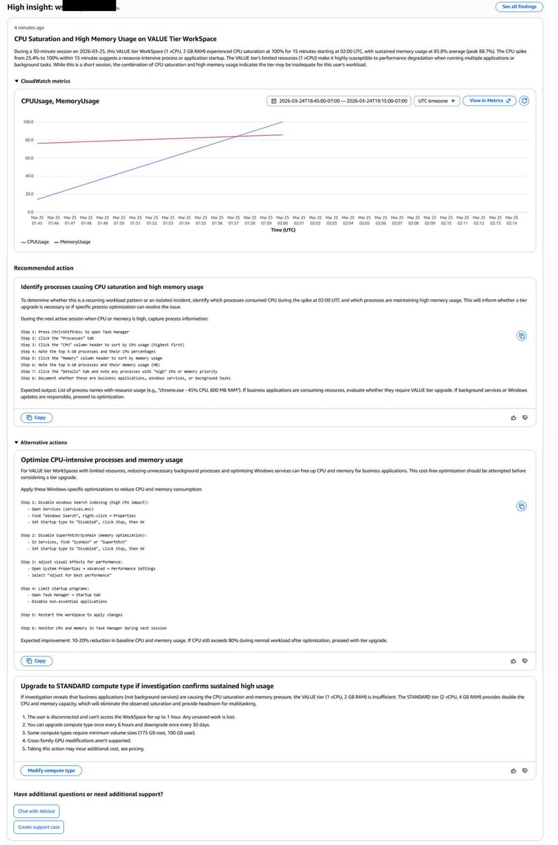 Detailed insight from WorkSpaces Advisor
