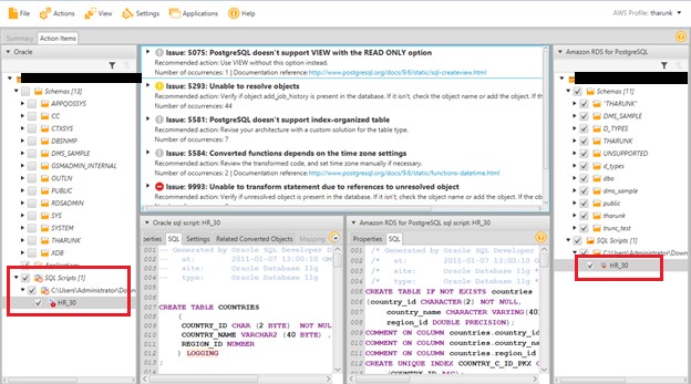 An example of a converted Oracle sample HR schema script with the assessment report.