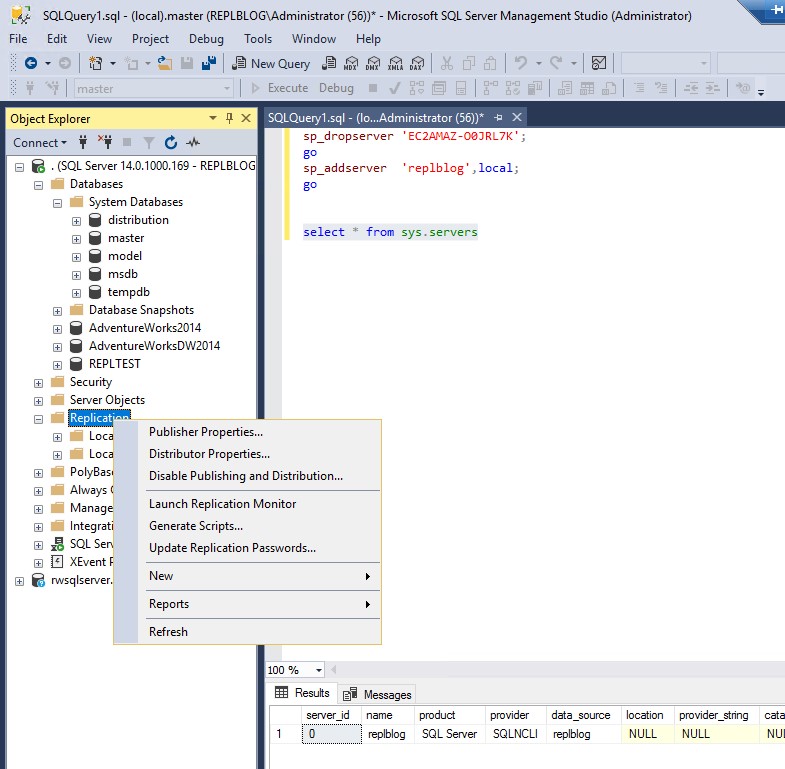 Screenshot to make your local server a distribution server and create a distribution database