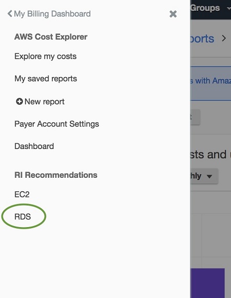 Screenshot of the left navigation pane of the Cost Explorer Console