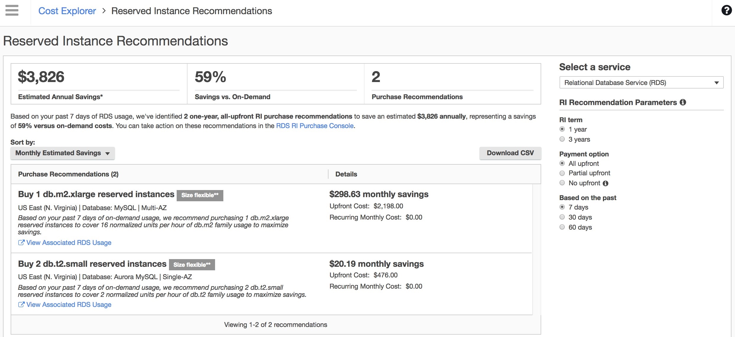 Screenshot of the RDS Reserved Instance Recommendations in Cost Explorer