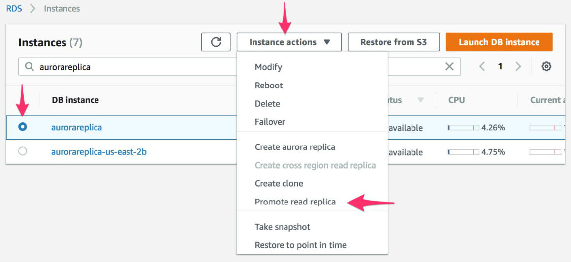 Screenshot to promote the Aurora read replica to a standalone cluster