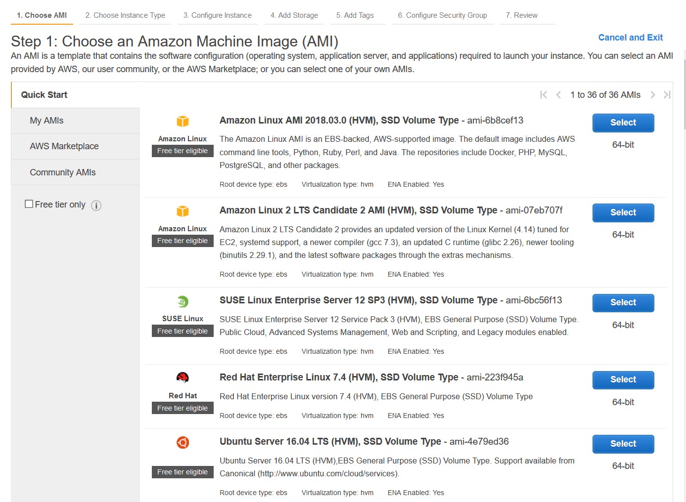 Amazon Machine Image (AMI) 選択のスクリーンショット