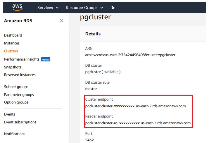 pgcluster のクラスターエンドポイントおよびリーダーエンドポイントの詳細のスクリーンショット