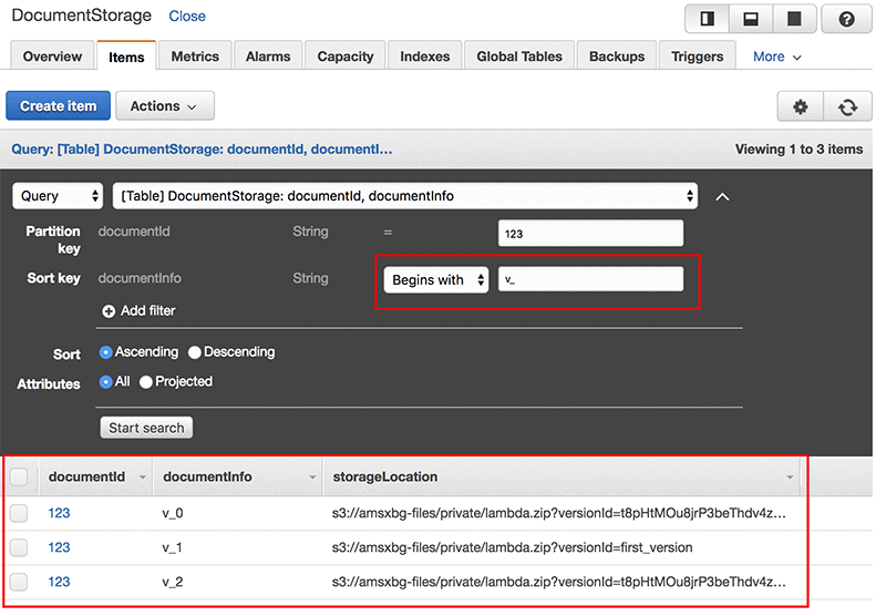 With this pattern, you can query to retrieve a full document history with begins_with(v_)