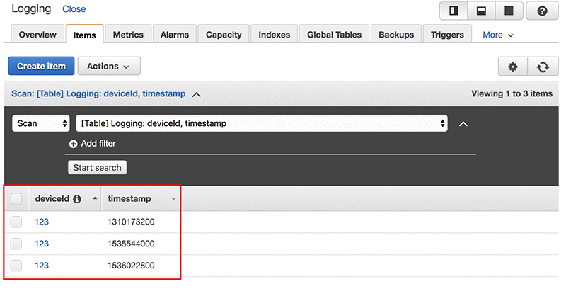 Three records are stored for a device with the deviceID of 123