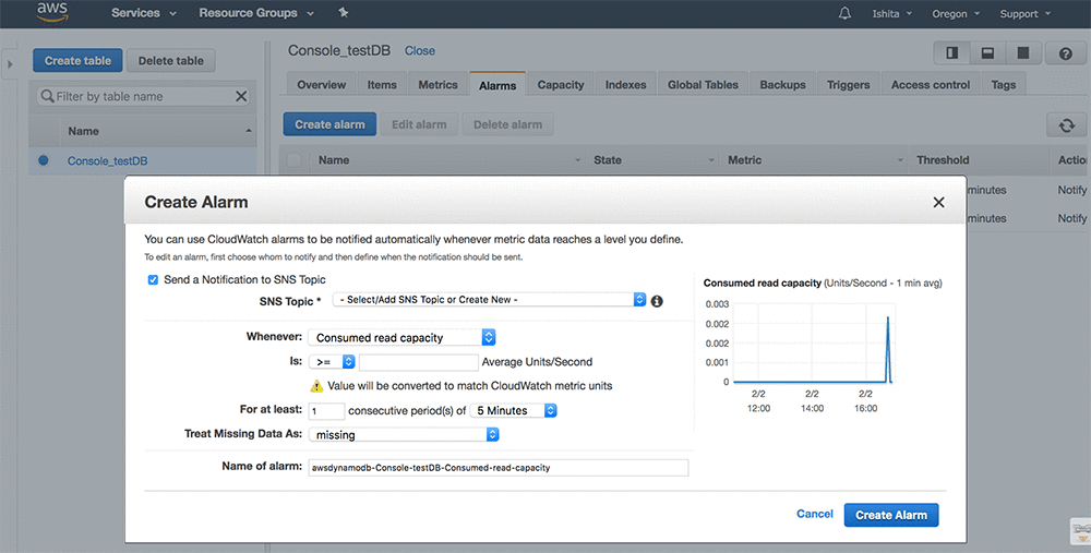 For our example, two alarms were created as part of the default settings of the table