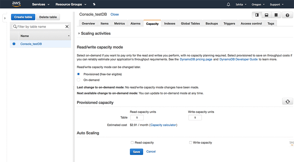 You can choose the on-demand read/write capacity mode when creating a new table, or change it later on the Capacity tab