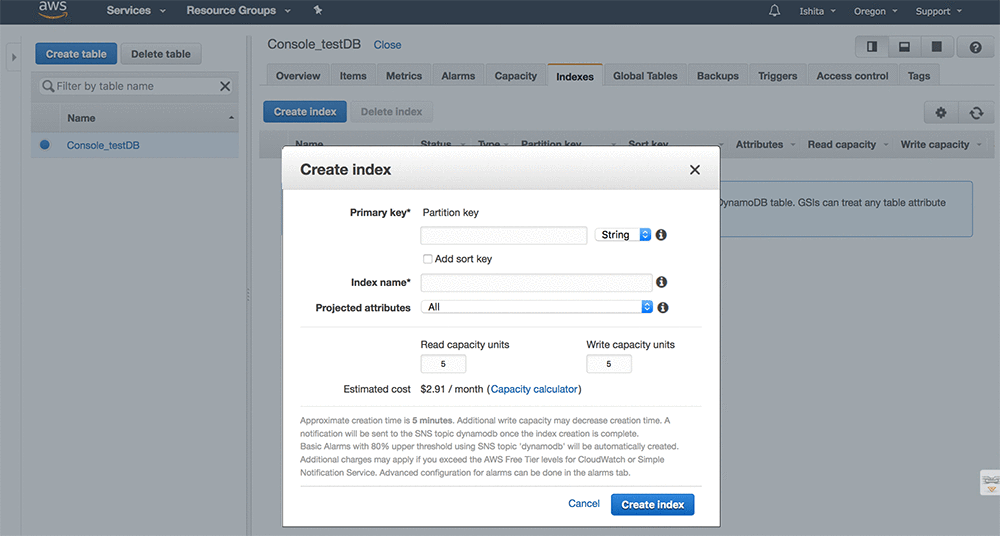 The Indexes tab provides a list of all of the configured indexes for your table