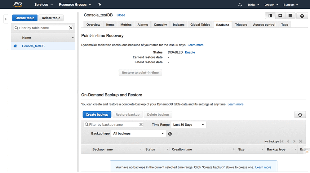 You can use the Backups tab to create an on-demand backup of a table, or you can choose Backups in the console’s navigation pane