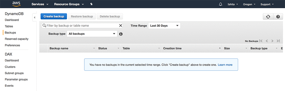 In addition to the Backups tab we already discussed, the DynamoDB console provides access to a separate Backups page, from which you can create on-demand backups