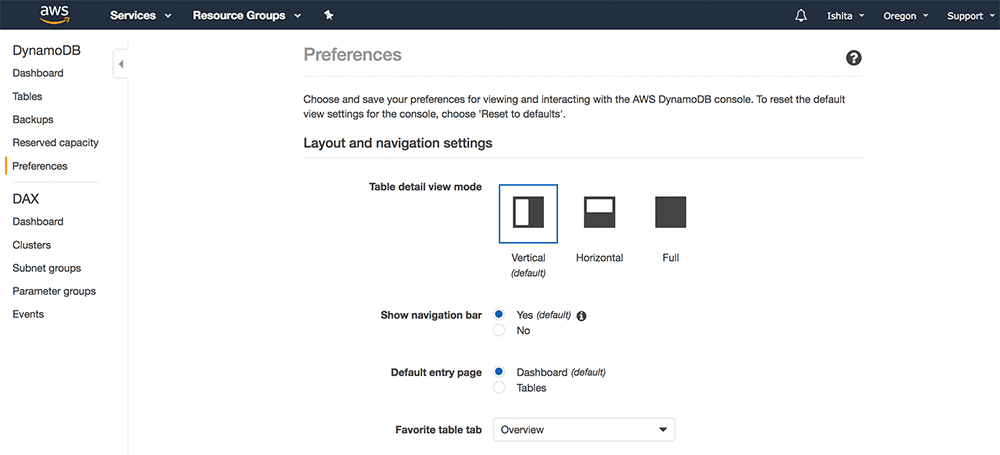 Whenever you access the console, these preferences are applied to all tables in all AWS Regions