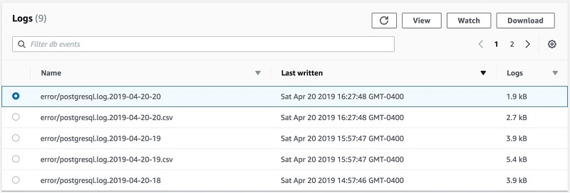 aws postgresql view logs