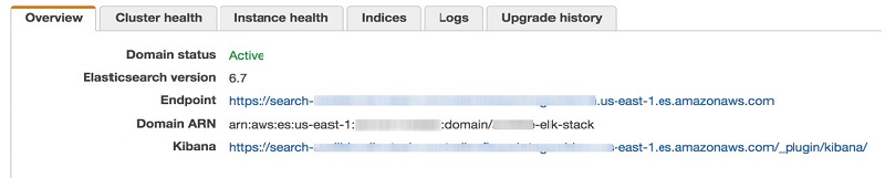 エンドポイント、ARN、Kibana URL の場所を示す Amazon ES ドメインの概要ページのスクリーンショット。