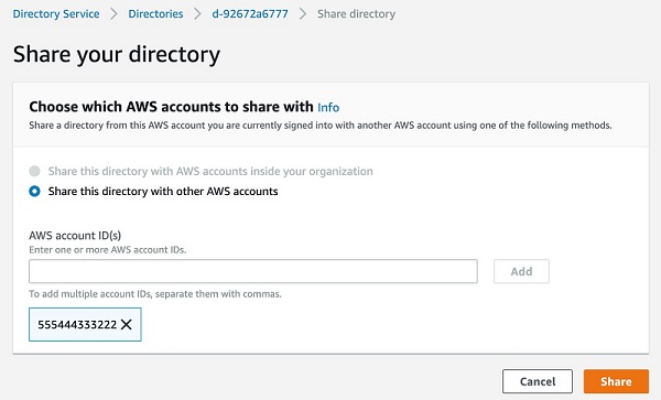 図 2。AWS Directory Service アカウントのディレクトリ d-92672a6777 が、Amazon RDS アカウント (AWS ID 555444333222) と共有されています。