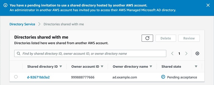 Figure 3. The shared directory is listed in the “Directories shared with me” table with status “Pending acceptance” in the Amazon RDS account.