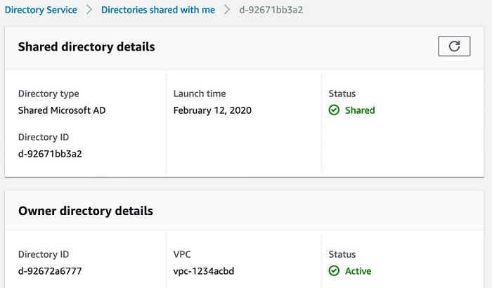 Figure 4. The shared directory page after the share request is accepted shows the information about the shared directory and the original directory in the Amazon RDS account.