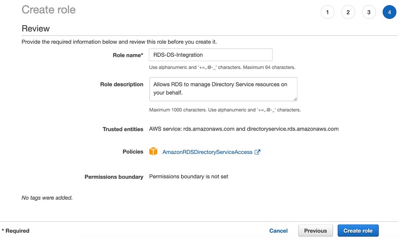 図 7。Amazon RDS アカウントでユーザーに代わって Amazon RDS がディレクトリを管理できるようにするロールを作成する