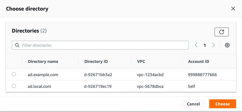 Figure 8. The directories browser shows all directories available for domain-join in the Amazon RDS account, including the shared directories.