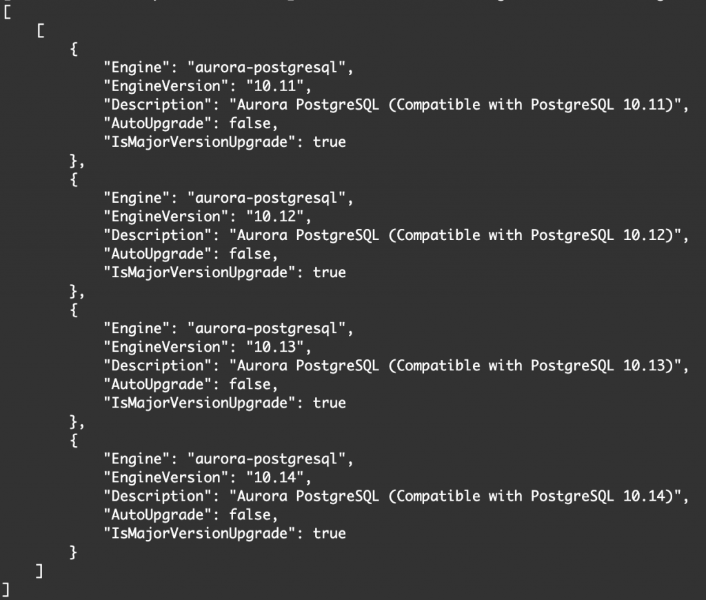 Output from the preceding command in a Linux-based operating system. It shows the value of the ValidUpgradeTarget array containing the target versions.