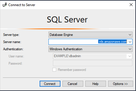 Screenshot of login to MS SQL using Windows Authentication