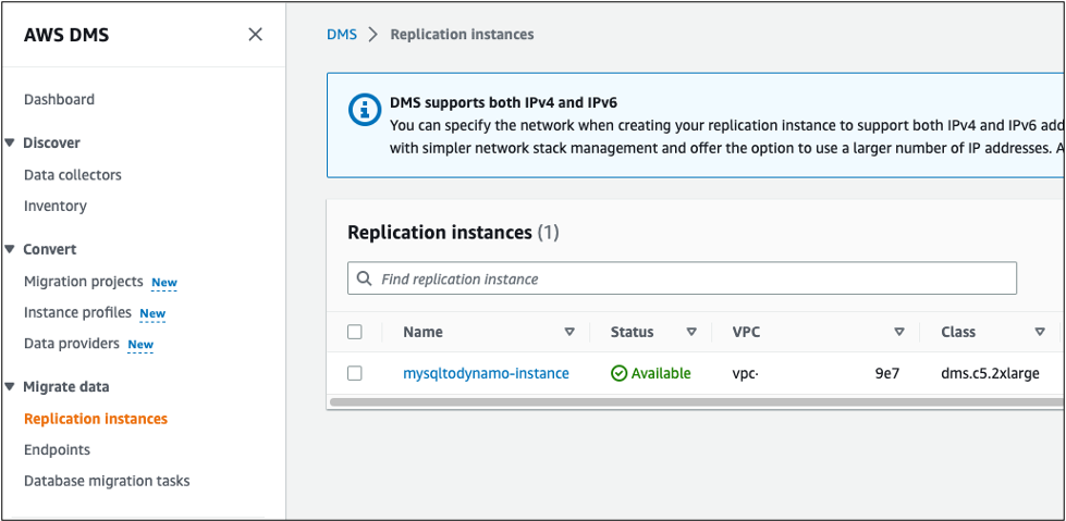 Figure 6: Review the DMS replication instance status