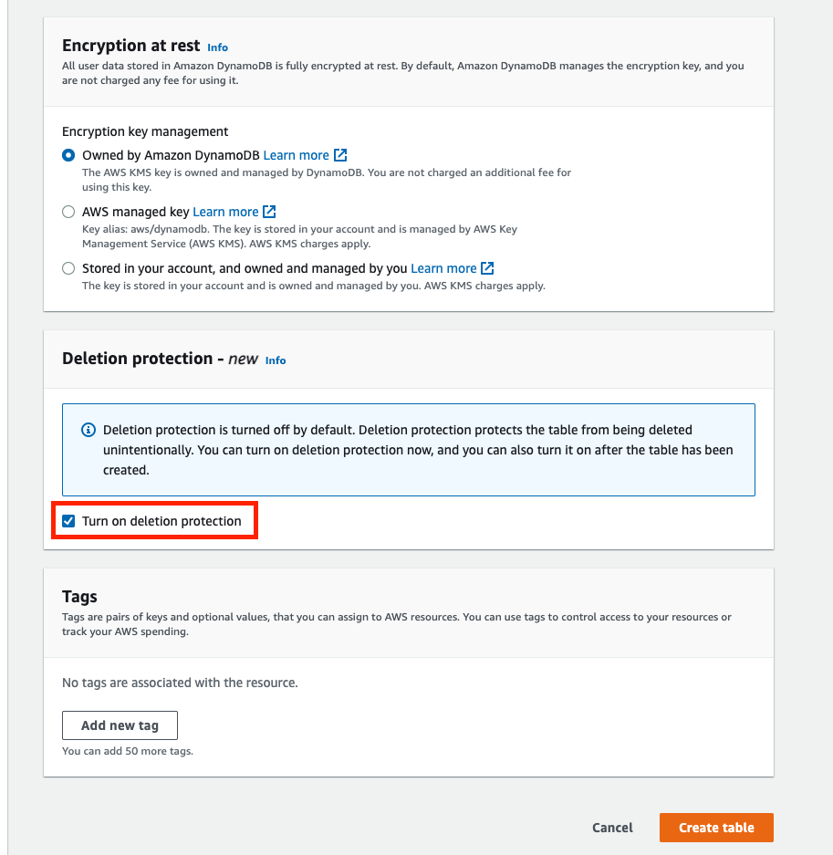 Figure 1: Turn on deletion protection for a new table