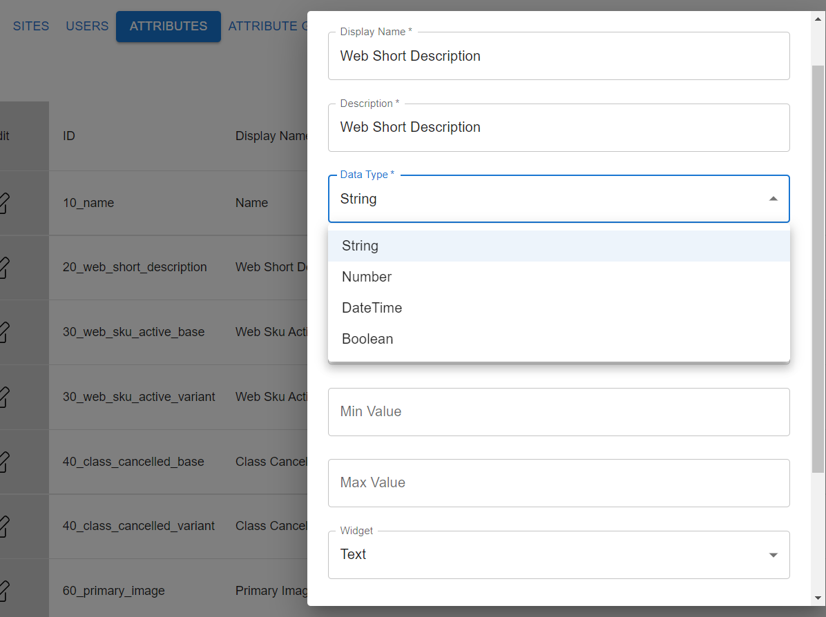 Figure 4: Adding a custom product attribute definition, “Web Short Description”, through the CorePIM user interface. This custom product attribute definition is defined to be a string.